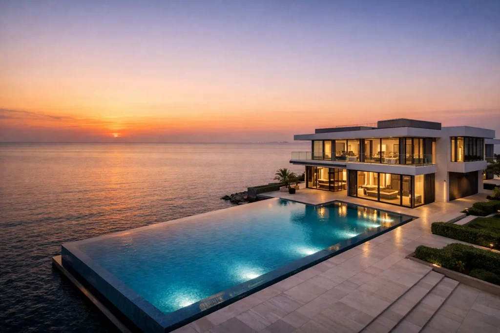swimming pool contractors dubai building luxury villa pool at sunset
