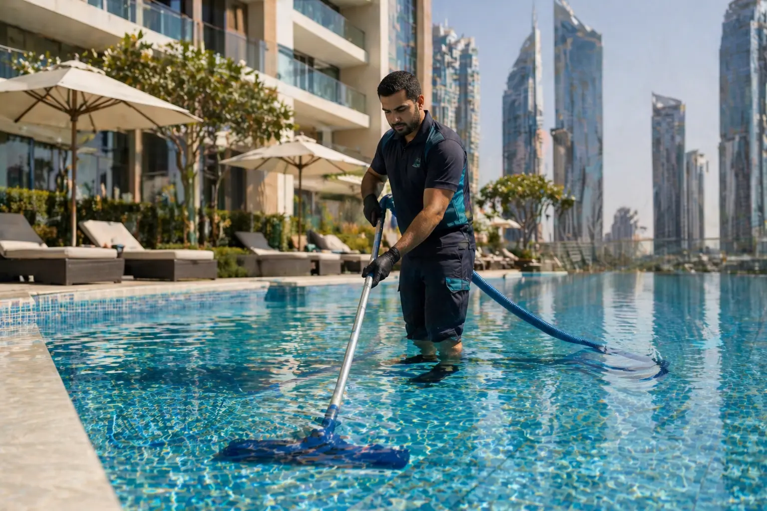 professional pool cleaning service Dubai technician cleaning villa pool