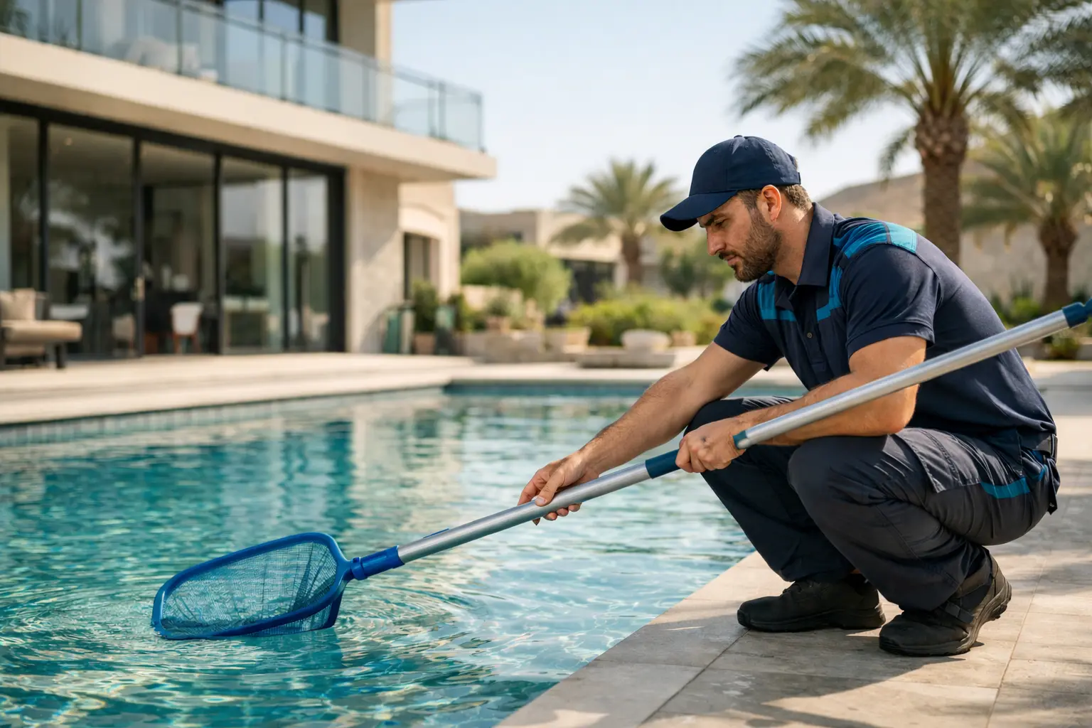 professional swimming pool cleaning company Dubai maintaining villa pool