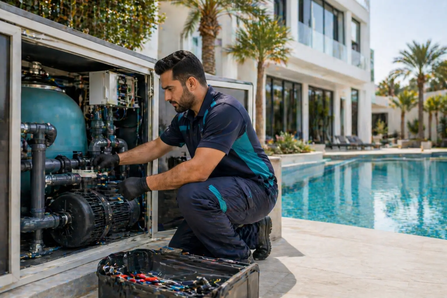 technician repairing luxury swimming pool equipment in Dubai villa
